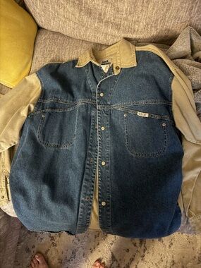 Vintage Corniche Two-Tone Denim and Khaki Shirt Jacket - Indigo & Khaki large